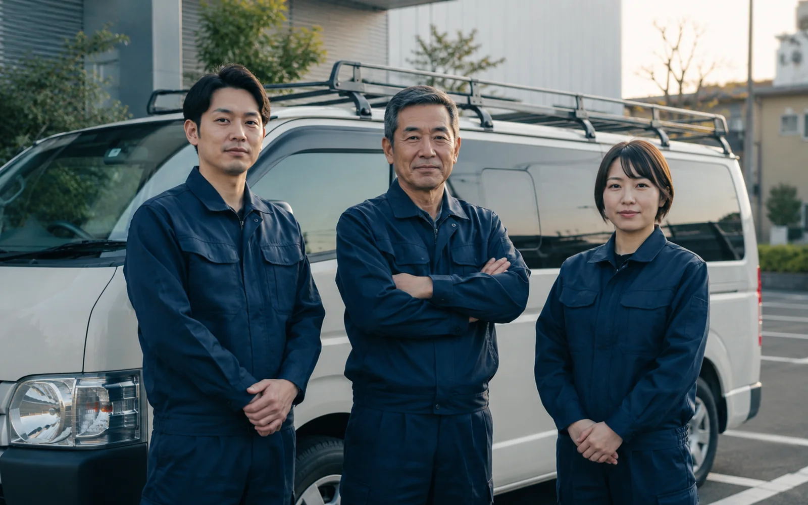 作業車の前に立つ点検事業者のスタッフ3名